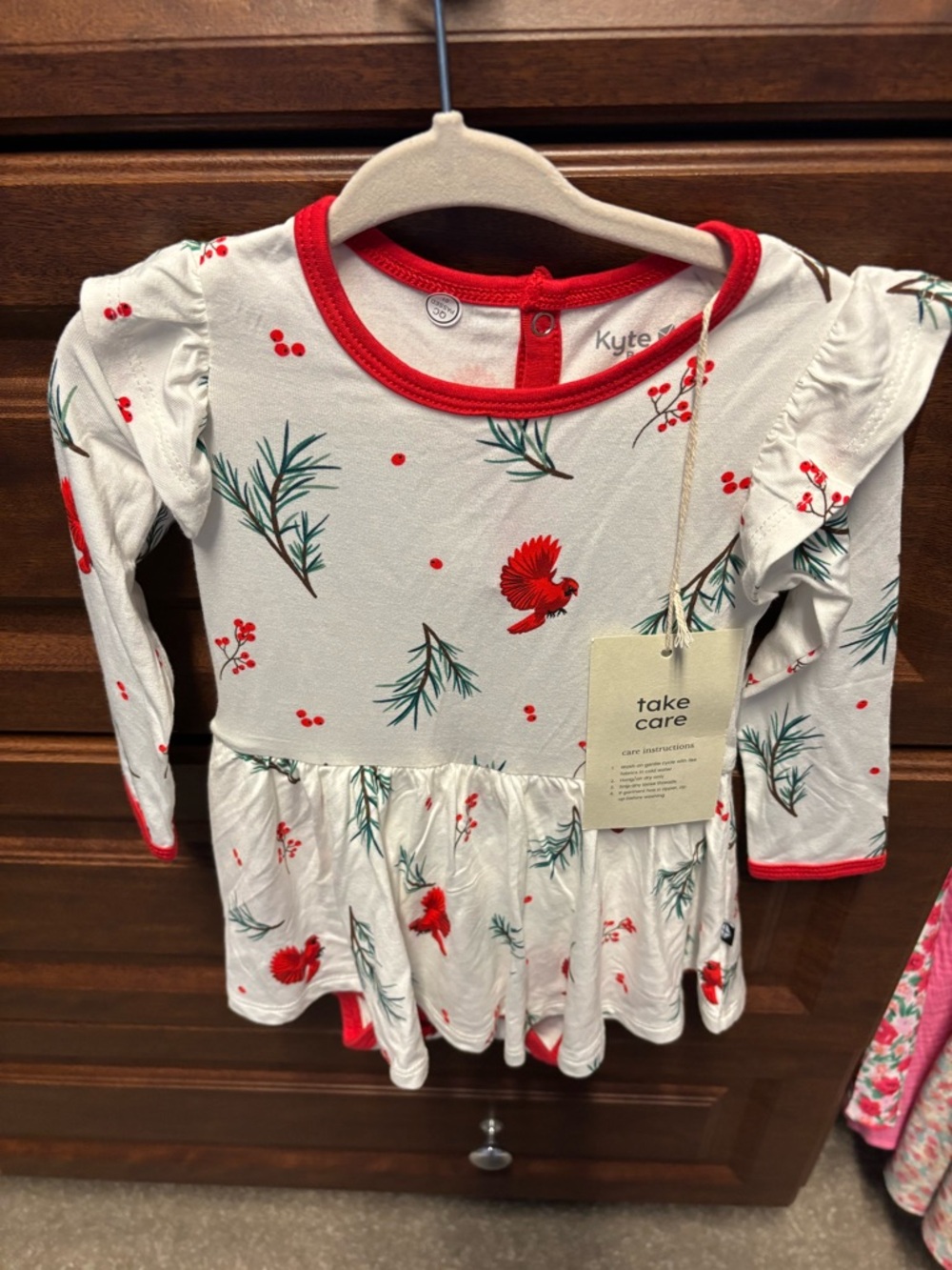 Kyte BABY White Dress with Red Cardinal & Green Pine Print - Long Sleeve